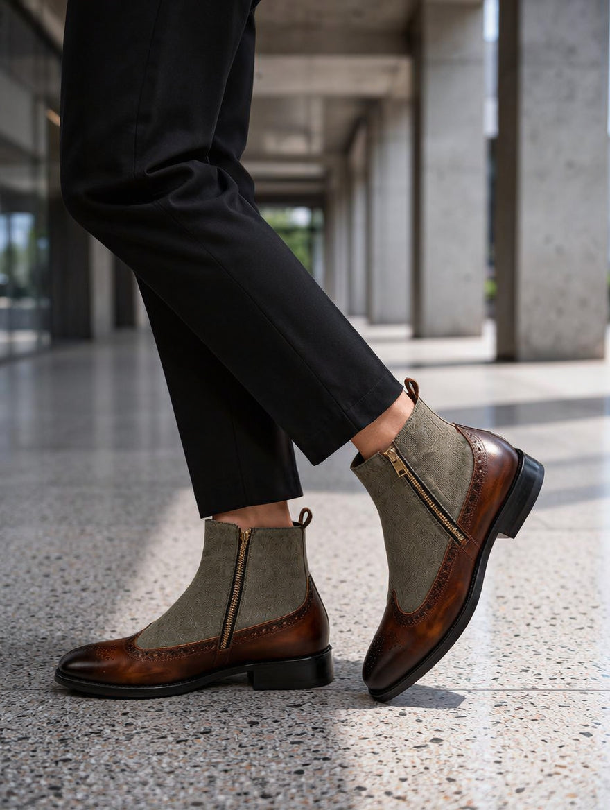 Men's Windsor Two-Tone Zip Boots – Premium Leather & Suede Dress Boots