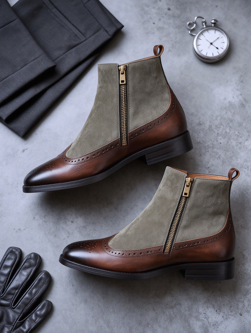 Men's Windsor Two-Tone Zip Boots – Premium Leather & Suede Dress Boots