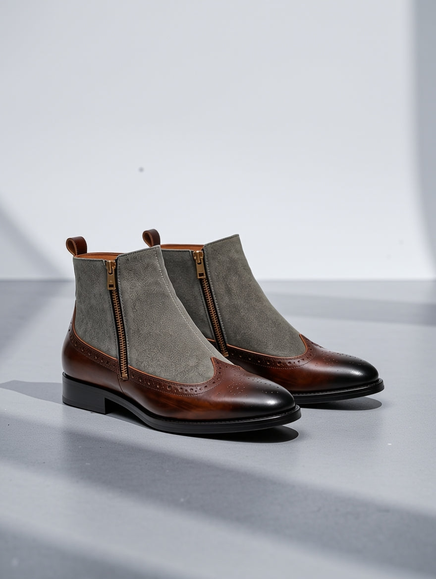 Men's Windsor Two-Tone Zip Boots – Premium Leather & Suede Dress Boots