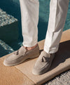 Zalcaro Beige Suede Tassel Loafers crafted from premium genuine suede featuring elegant tassel detailing, a lightweight slip-on silhouette, and timeless Italian-inspired craftsmanship for smart casual and summer wear.