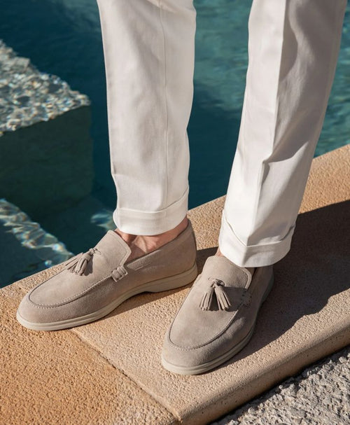 Zalcaro Beige Suede Tassel Loafers crafted from premium genuine suede featuring elegant tassel detailing, a lightweight slip-on silhouette, and timeless Italian-inspired craftsmanship for smart casual and summer wear.