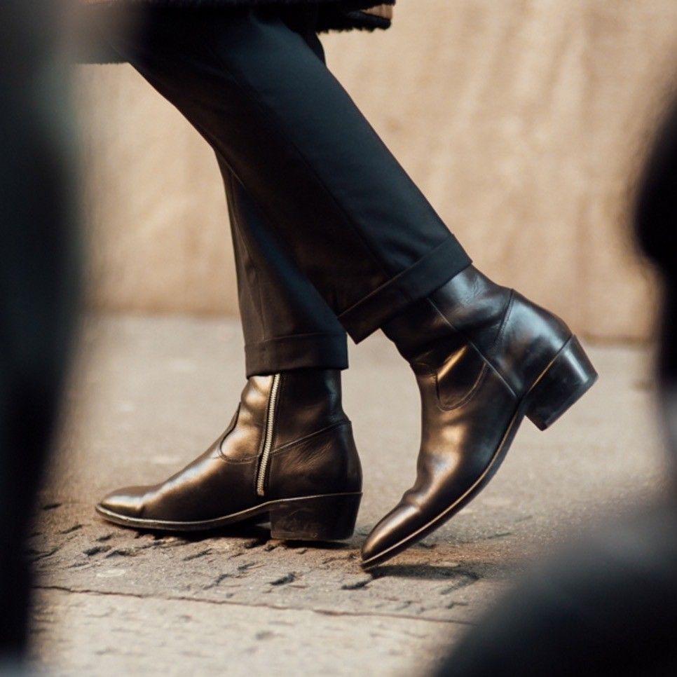 Zalcaro Black Cuban Heel Leather Zip Boots for Men crafted from premium full-grain genuine leather with a sleek side-zip closure, elegant almond-toe silhouette, and stacked Cuban heel in a polished black finish.
