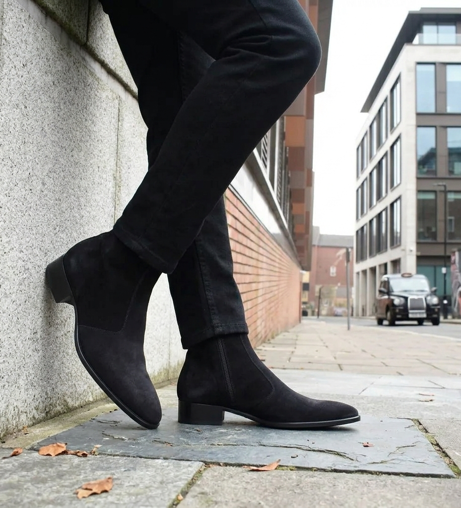 Black suede ankle boots worn with black jeans, shown from the knees down in an outdoor urban setting next to a stone wall.