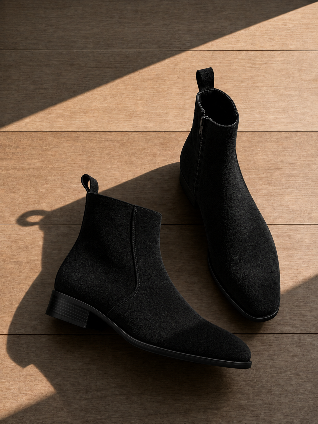 A pair of black suede ankle boots with low block heels and pull tabs, displayed on a wooden floor with dramatic diagonal sunlight and shadows.