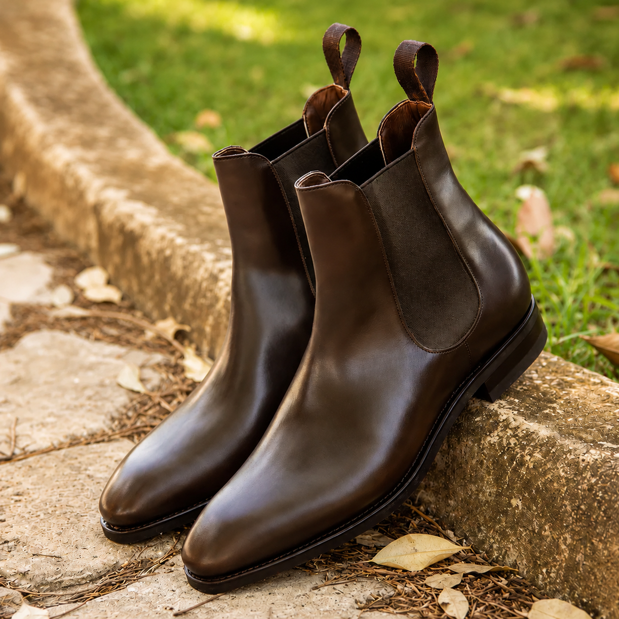 Pair of brown leather Chelsea boots on a stone surface with grass in the background