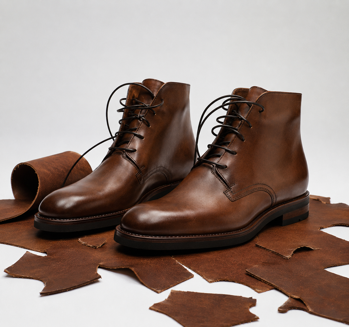A pair of brown leather lace-up ankle boots displayed on a white studio background with scattered brown leather scraps around them.