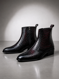 Zalcaro Burgundy Exotic Leather Boots for Men crafted from premium  genuine leather with a side-zip closure, elegant almond-toe silhouette, and rich burgundy finish.