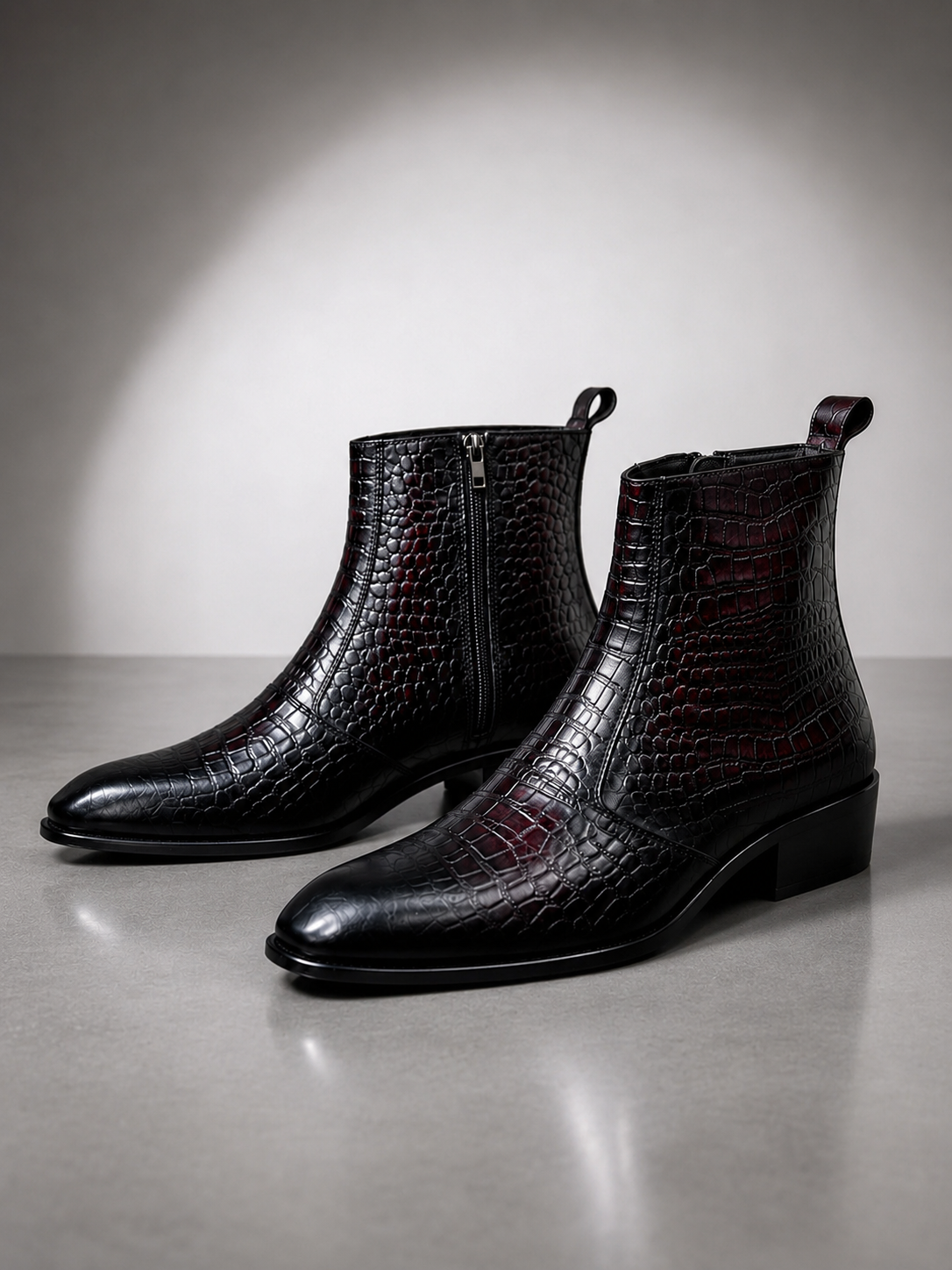 Zalcaro Burgundy Exotic Leather Boots for Men crafted from premium  genuine leather with a side-zip closure, elegant almond-toe silhouette, and rich burgundy finish.