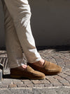 Zalcaro Camel Suede Penny Loafers crafted from premium genuine suede featuring a classic penny strap, elegant almond-toe silhouette, lightweight construction, and timeless Italian-inspired craftsmanship for smart casual and everyday wear.