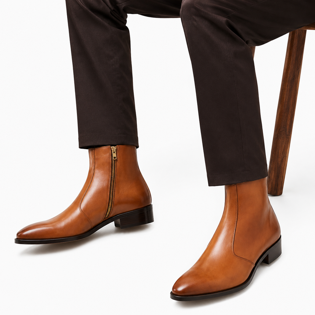 Tan Cuban Heel Leather Boots for Men