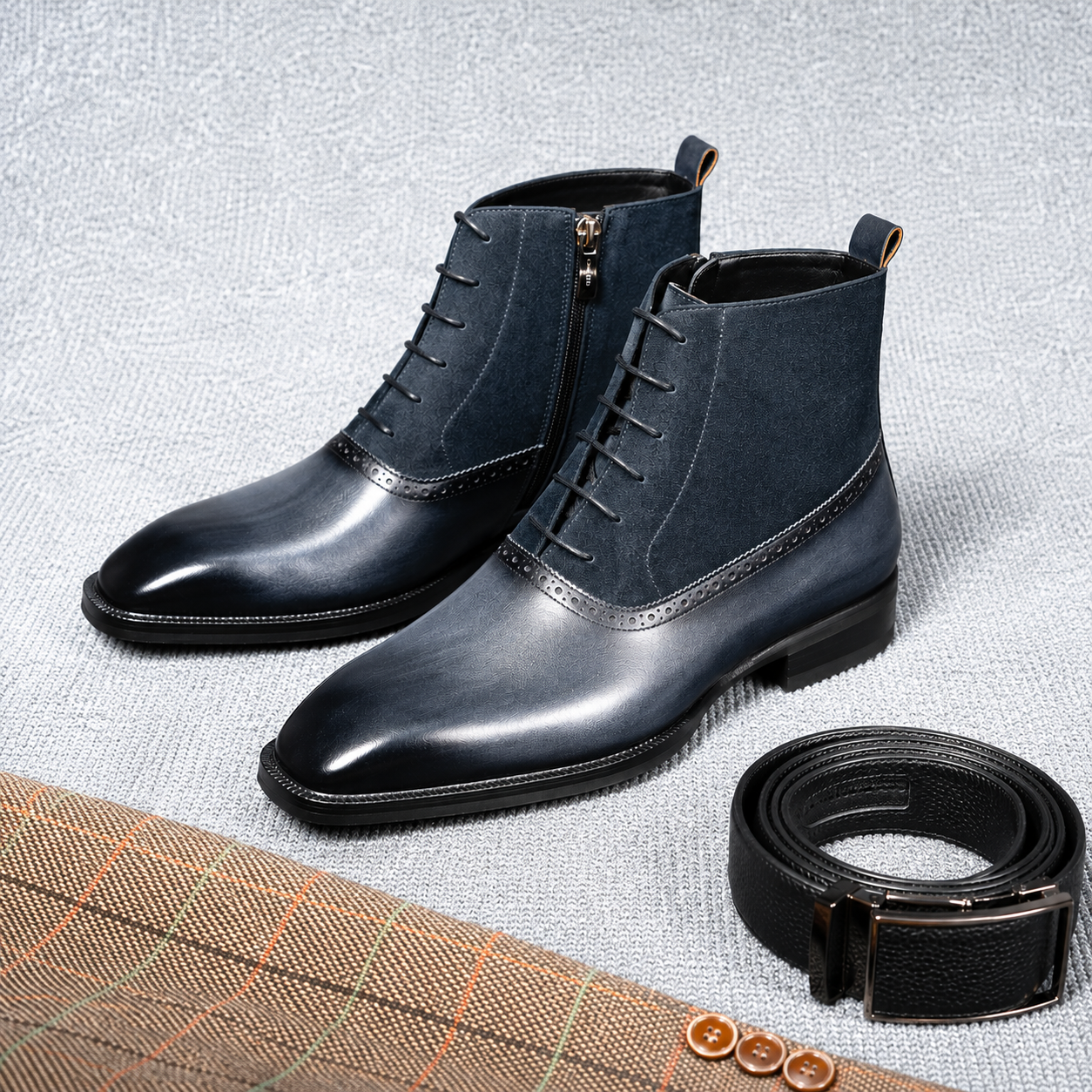 Men's Midnight Navy Brogue Lace-Up Boots - Premium Leather Boots