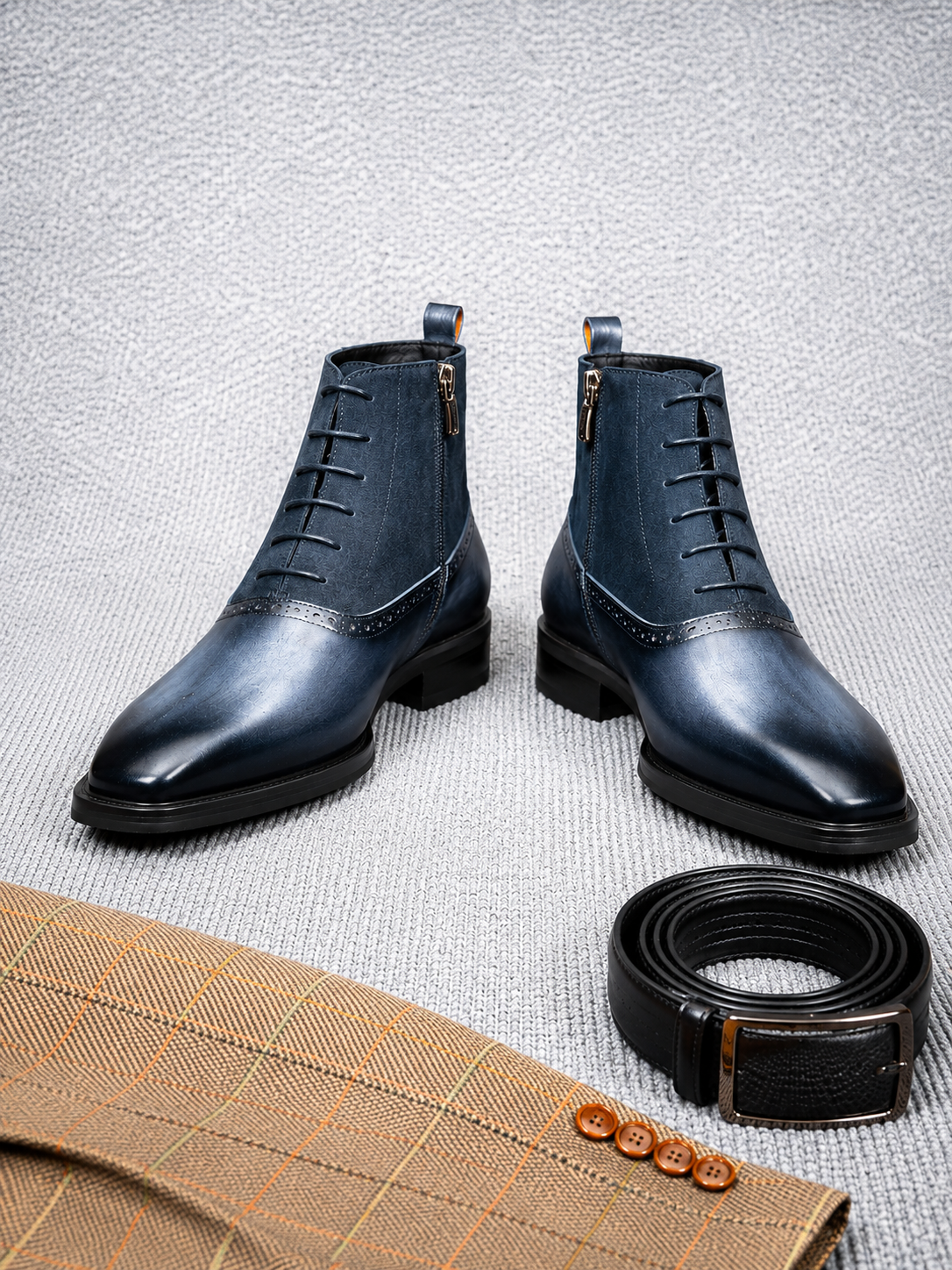 Men's Midnight Navy Brogue Lace-Up Boots - Premium Leather Boots