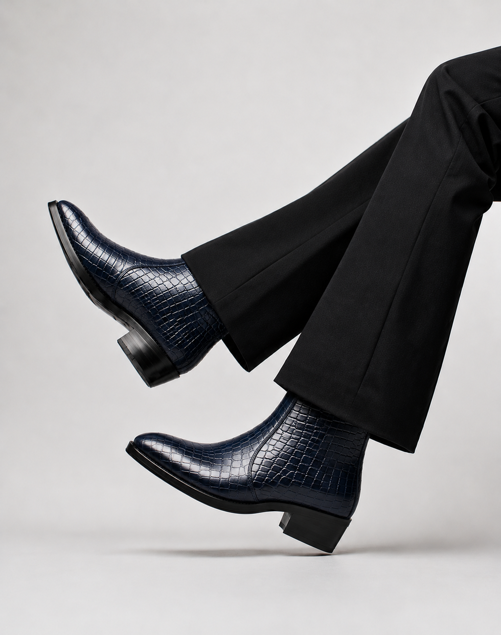 Italian Style Navy Blue Python-Embossed Leather Zip Boots