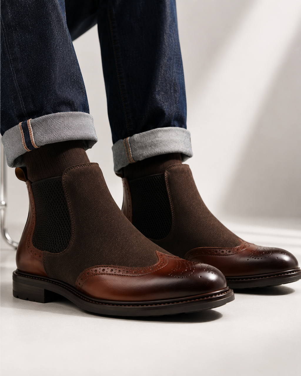Men's Heritage Brown Chelsea Boots – Premium Italian Leather Brogue Boots for Men