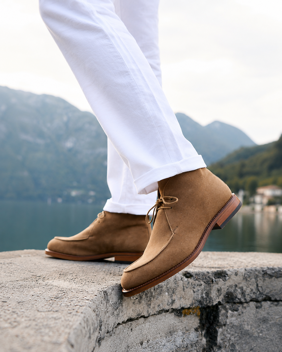 A person wearing white pants and tan suede lace-up ankle boots, standing on a stone ledge with a scenic mountain and lake background.