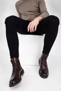 Zalcaro Heritage Brown Combat Boots crafted from premium full-grain leather with a hand-finished vintage brown patina, classic lace-up design, durable outsole, and Italian-inspired craftsmanship.