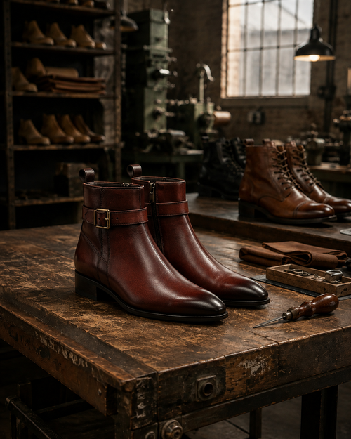 Pair of brown leather boots on a wooden workbench in a workshop setting.