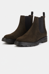 Pair of brown suede Chelsea boots on a light gray background