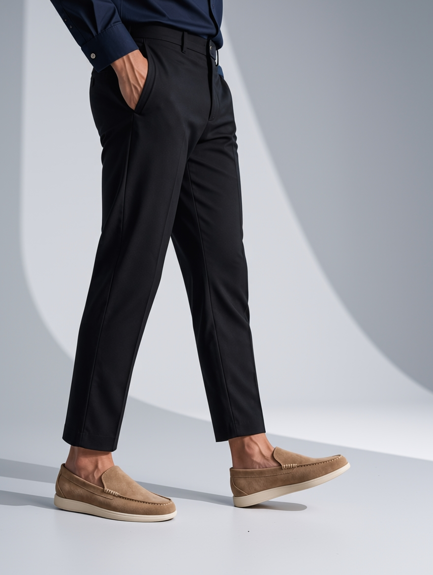 Person wearing black pants and brown shoes on a light gray background