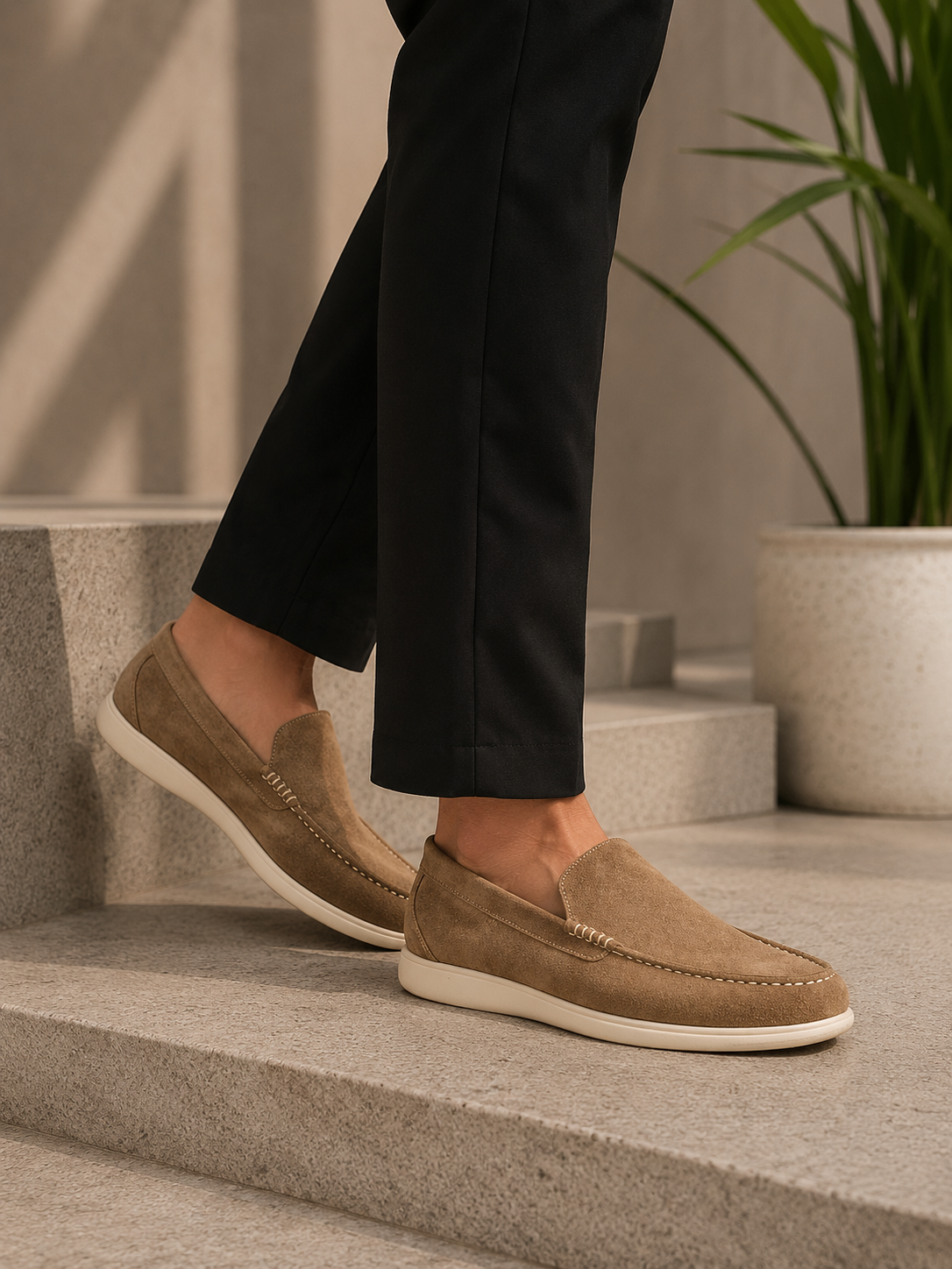 Person wearing brown loafers on a neutral background