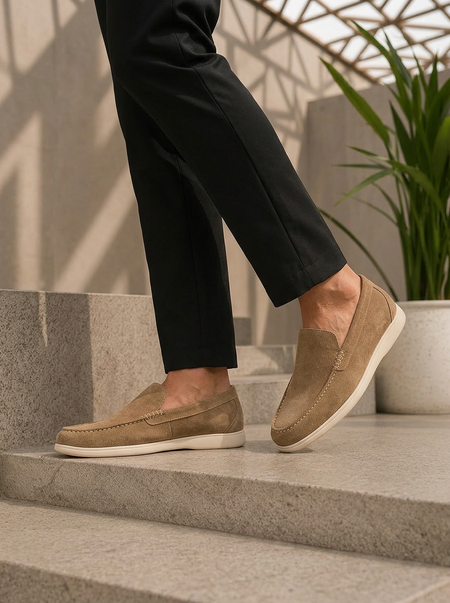 Person wearing brown loafers on a stone step with a plant in the background