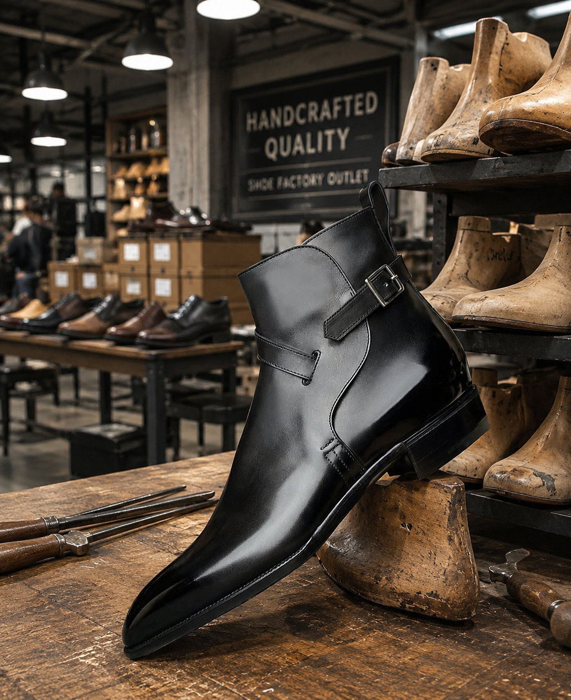 Black leather boot on a wooden surface with a background of shelves and 'Handcrafted Quality' sign.