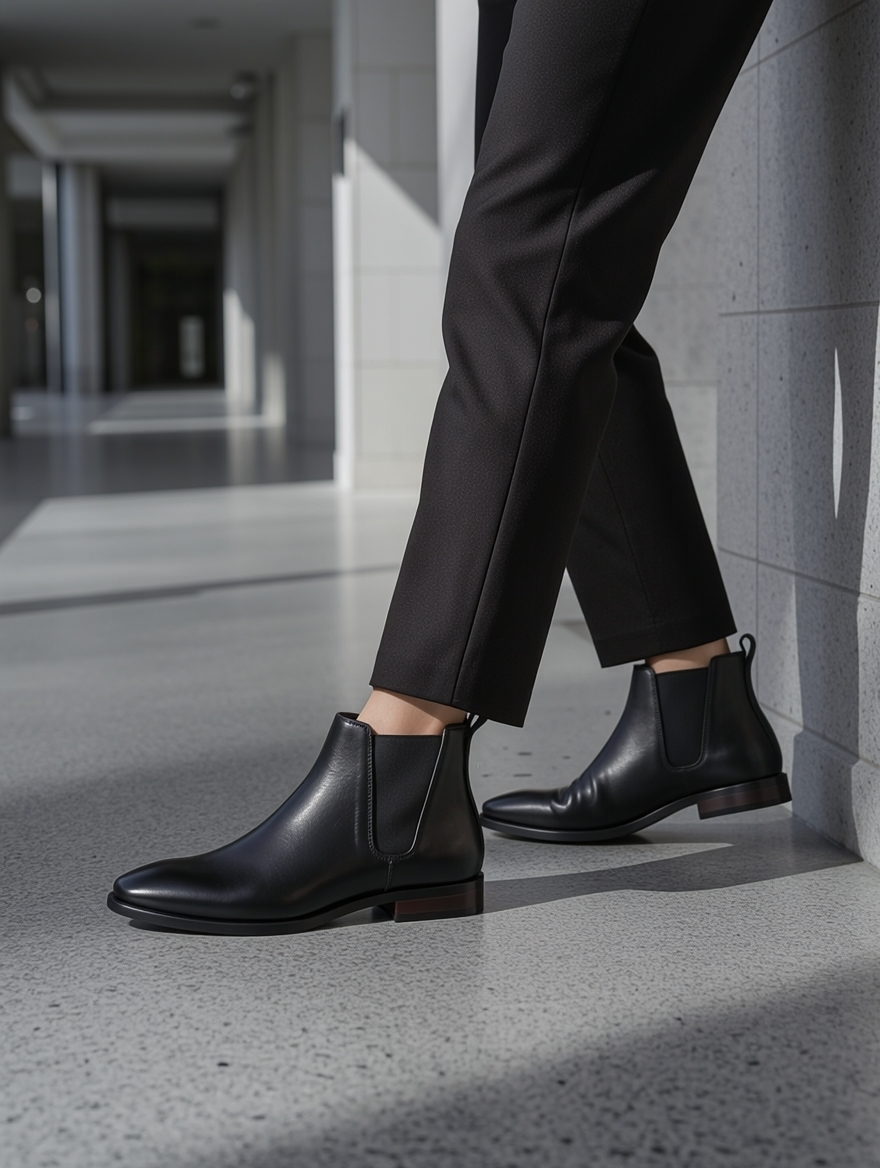 Person wearing black leather Chelsea boots and black pants in a modern indoor setting.