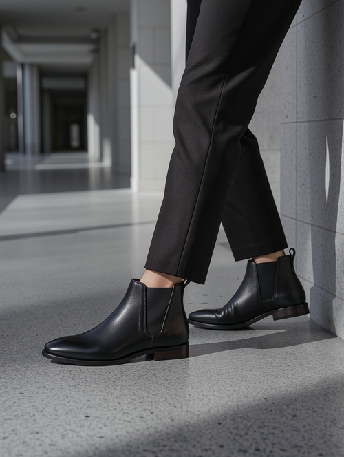 Person wearing black leather Chelsea boots and black pants in a modern indoor setting.