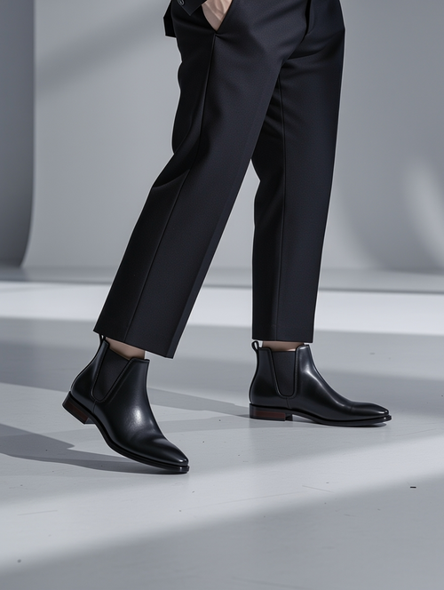 Person wearing black dress pants and black dress shoes on a light gray background