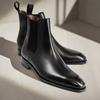 Pair of black leather Chelsea boots on a light wooden surface