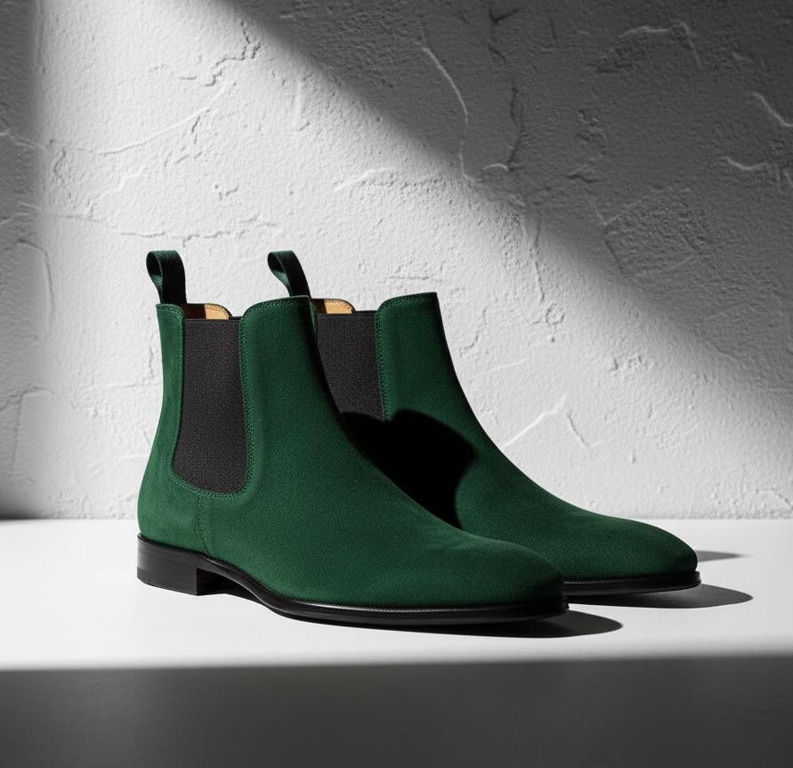 Green Chelsea boots on a white surface with a textured gray background