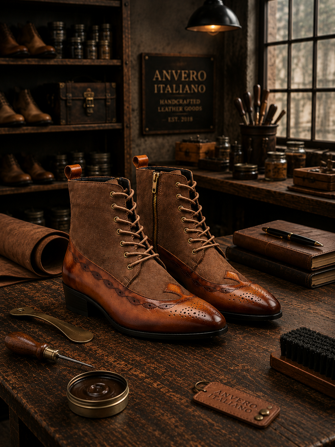 Brown leather boots on a wooden workbench with shoe care tools and 'Anvero Italiano' sign in the background.