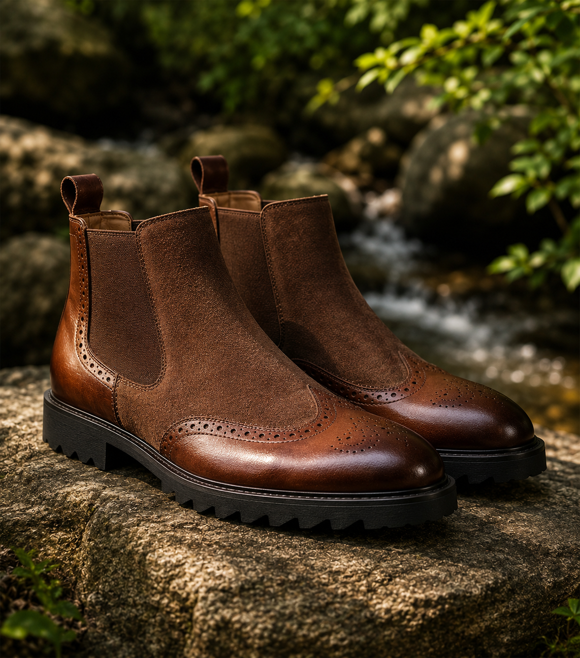 Pair of brown leather boots on a stone surface with a natural background