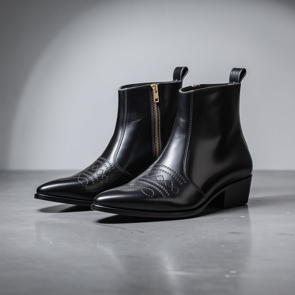 Pair of black leather boots with a gold zipper on a gray background