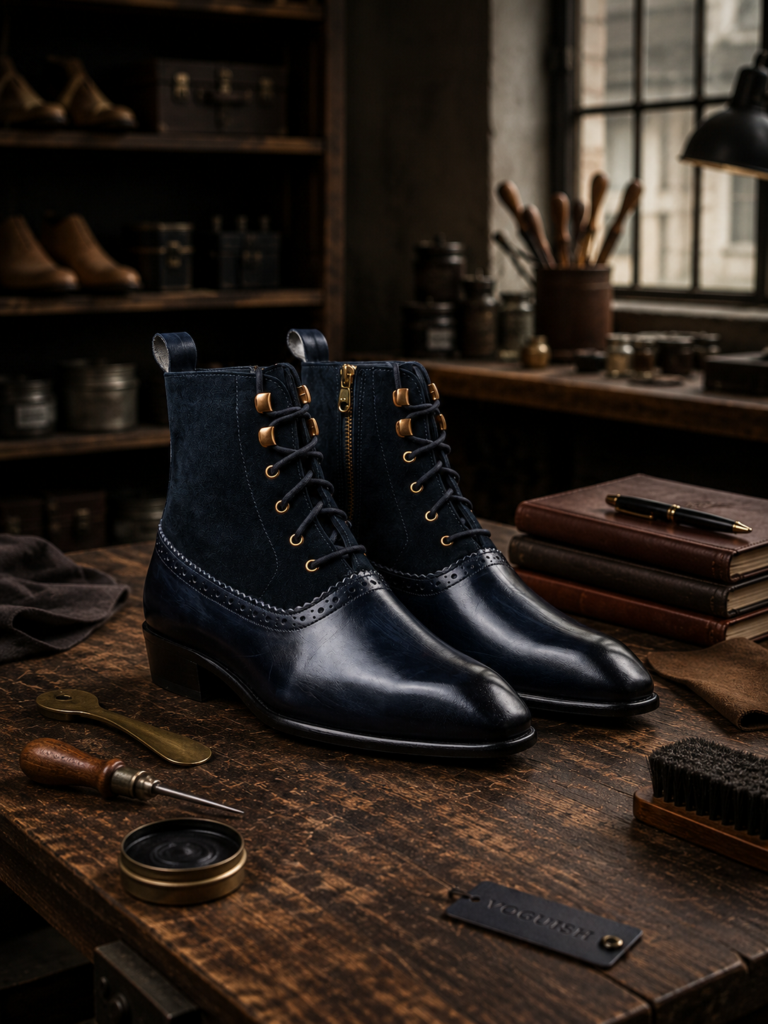 Pair of black leather boots on a wooden workbench with shoe care tools in a workshop setting.