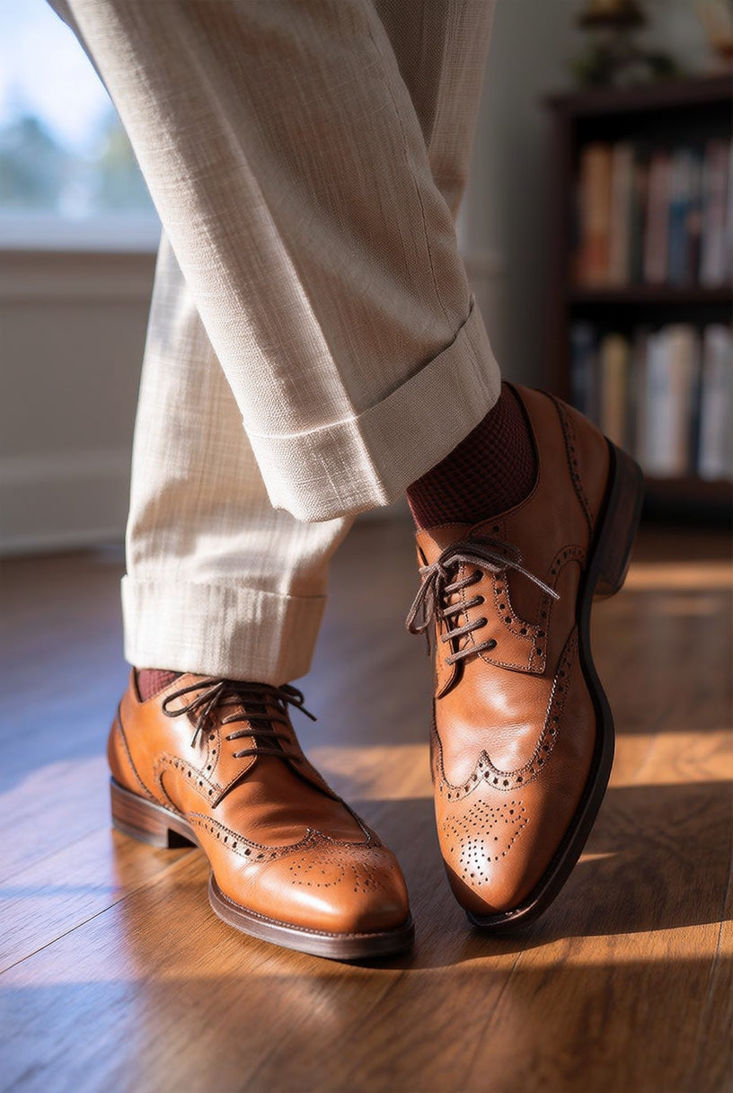Brown dress shoes worn with beige pants on a wooden floor.