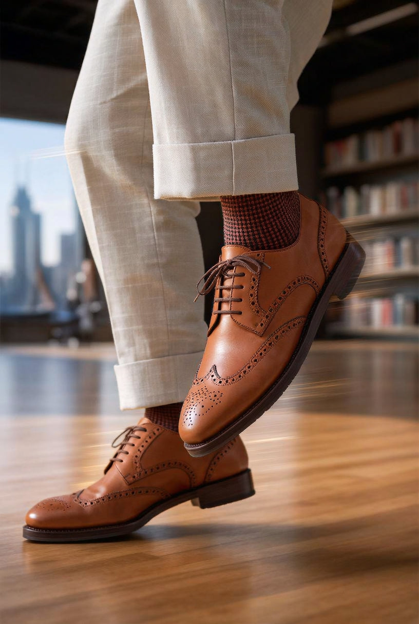 Brown leather shoes with white pants in an indoor setting