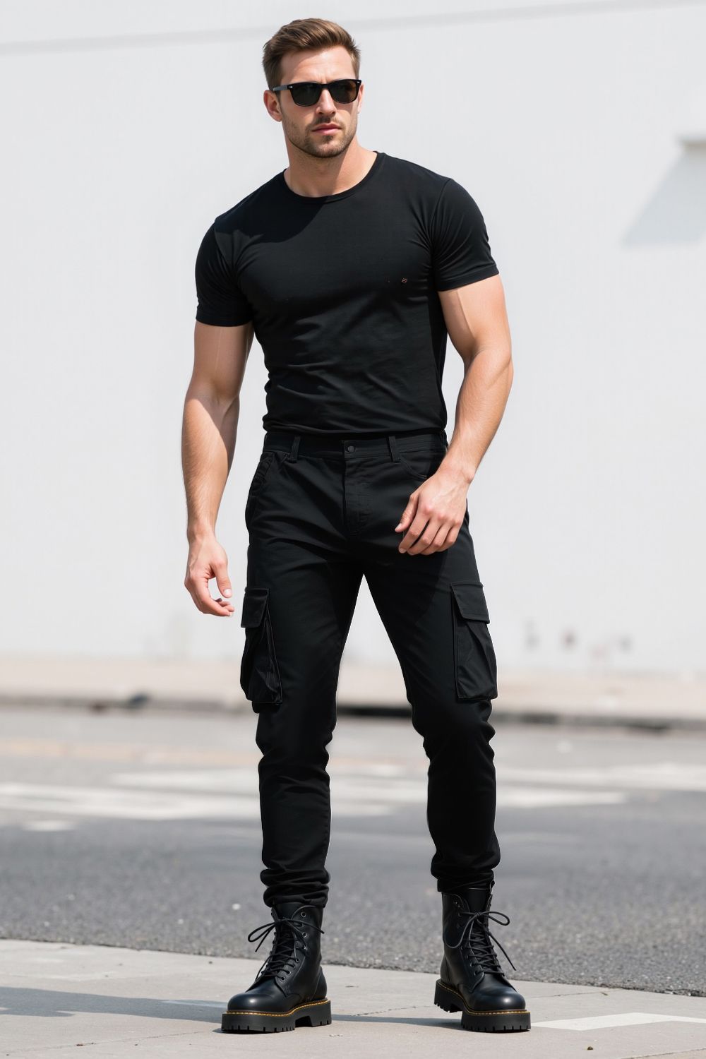 Man wearing a black t-shirt, black cargo pants, and black boots on a street.