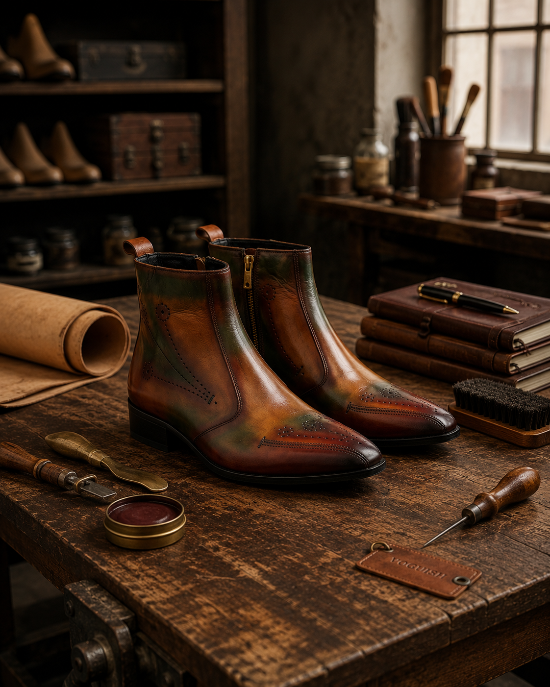 Pair of brown leather boots on a wooden workbench with tools and materials in a workshop setting.