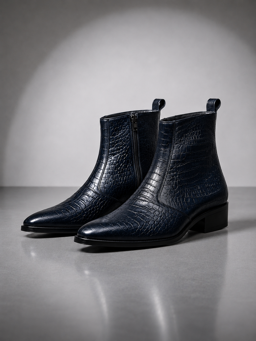 Zalcaro Navy Blue Exotic Leather Zip Boots for Men crafted from premium python-embossed genuine leather with a side-zip closure, elegant almond-toe silhouette, and rich navy blue finish.