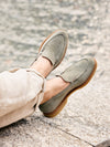 Zalcaro Sage Green Suede Slip-On Loafers crafted from premium genuine suede featuring a minimalist slip-on silhouette, refined moc-toe stitching, and lightweight Italian-inspired craftsmanship for smart casual and summer wear.
