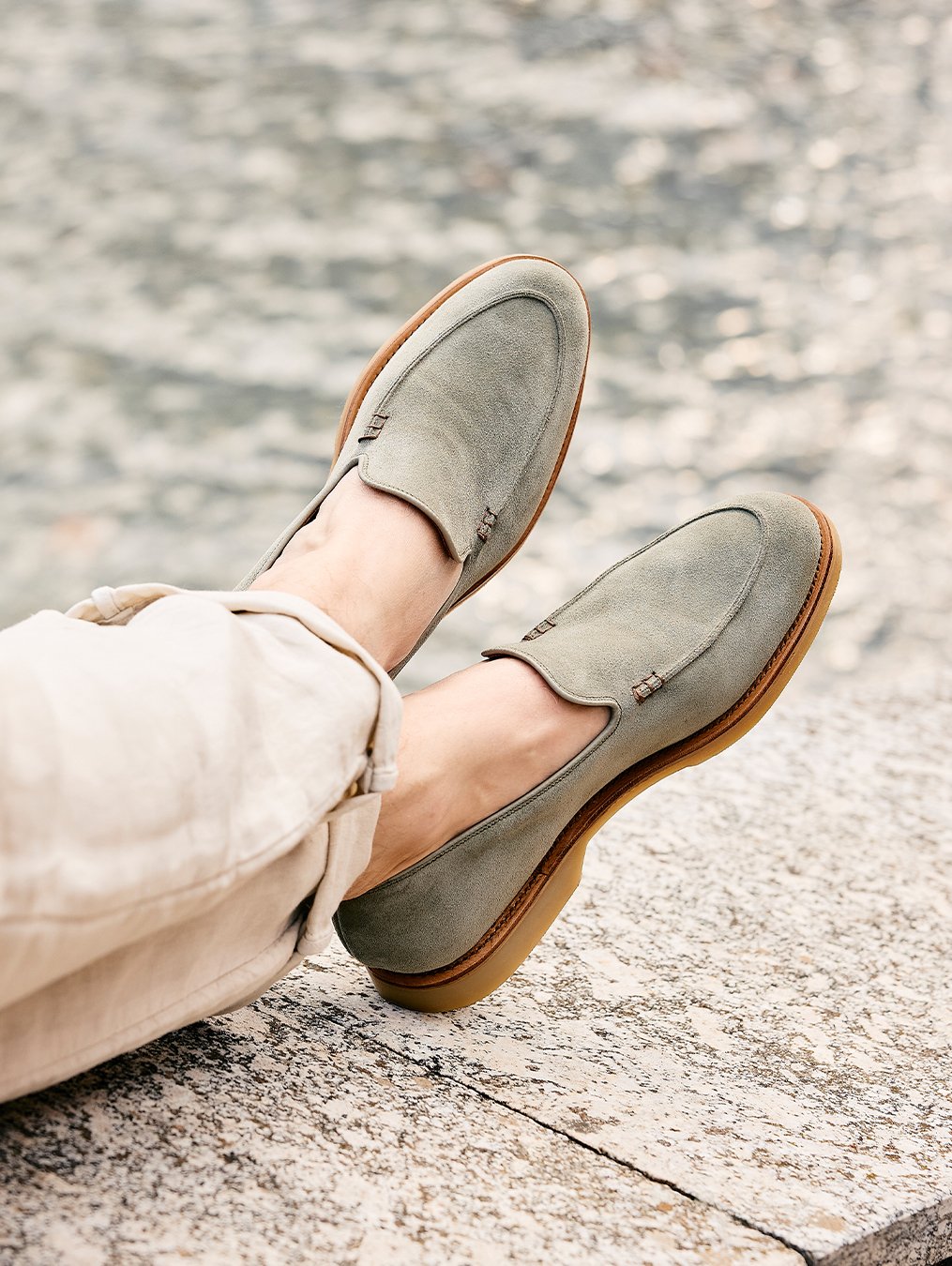 Zalcaro Sage Green Suede Slip-On Loafers crafted from premium genuine suede featuring a minimalist slip-on silhouette, refined moc-toe stitching, and lightweight Italian-inspired craftsmanship for smart casual and summer wear.
