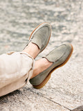 Zalcaro Sage Green Suede Slip-On Loafers crafted from premium genuine suede featuring a minimalist slip-on silhouette, refined moc-toe stitching, and lightweight Italian-inspired craftsmanship for smart casual and summer wear.