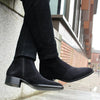 Zalcaro Black Suede Executive Boots crafted from premium genuine suede with a sleek almond-toe silhouette, elastic side panels, side-zip closure, and a refined black finish.