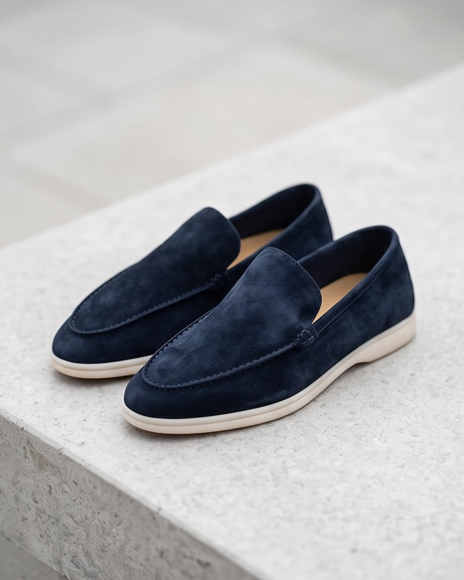 Navy Blue Suede Slip-On Loafers