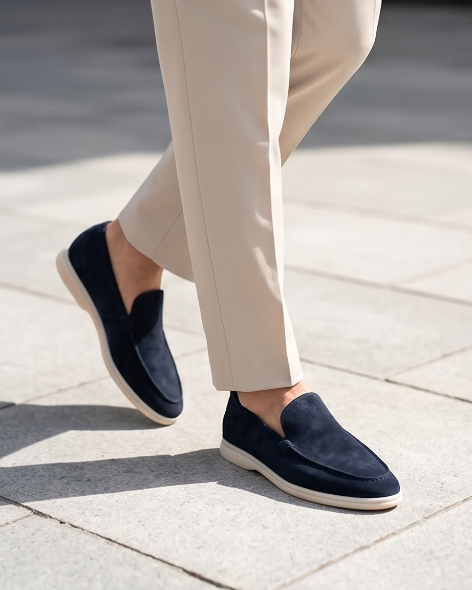 Navy Blue Suede Slip-On Loafers