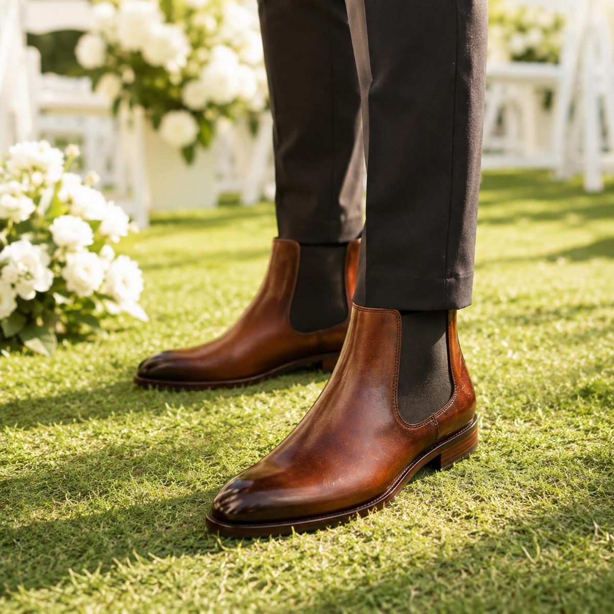 Men's Tan Leather Slip-On Ankle Boots
